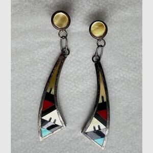 Turquoise Sterling Silver Native Zuni Emery Ohmsatte Inlay Dangle Earrings